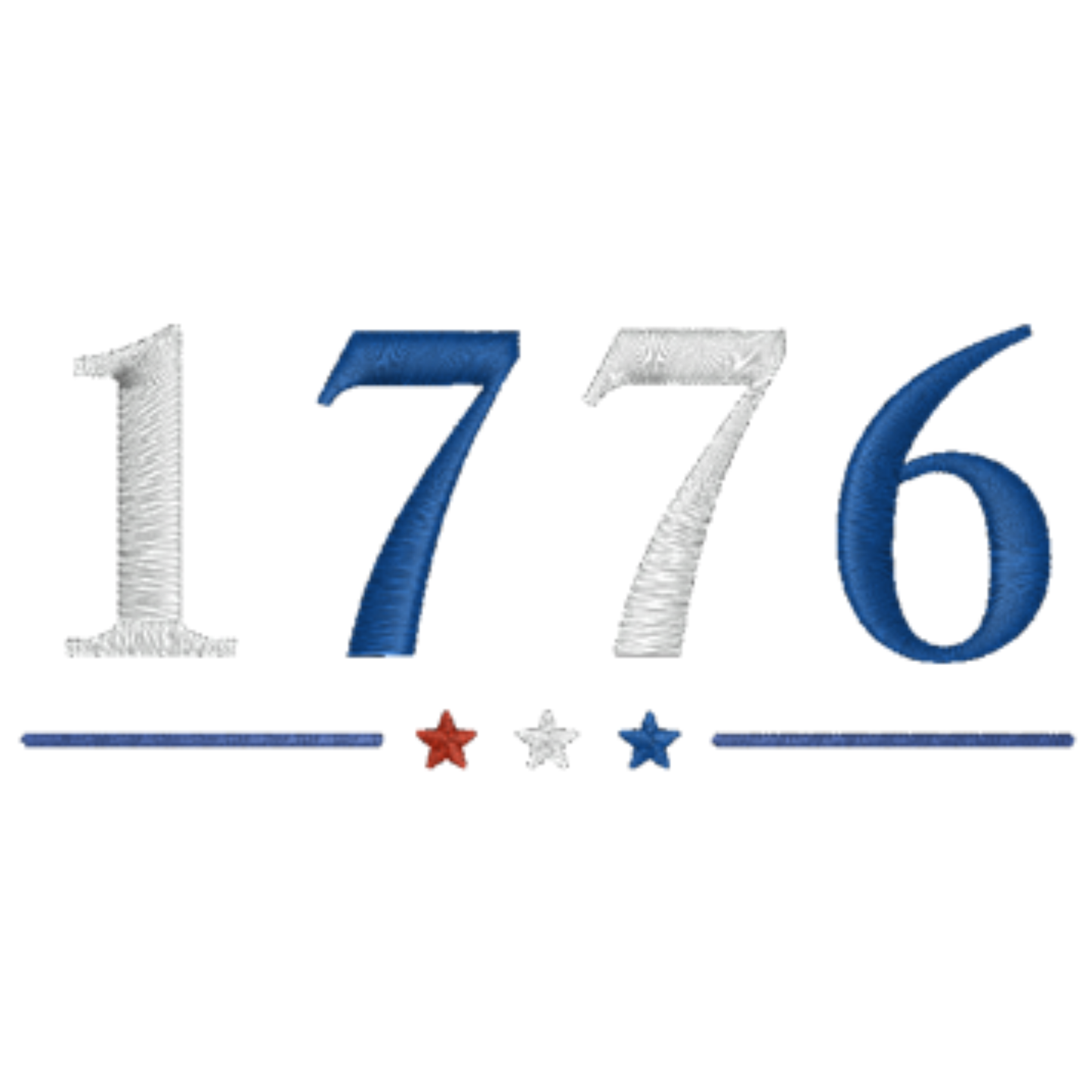 1776 written in blue and white with red white and blue starts for a hat