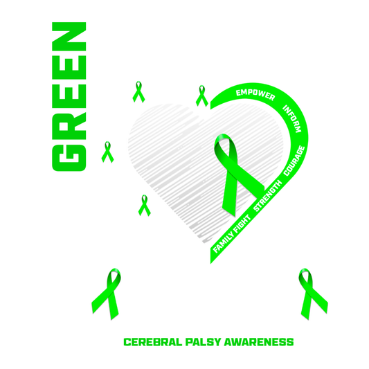 Green ribbon with text on a white background, symbolizing cerebral palsy awareness.