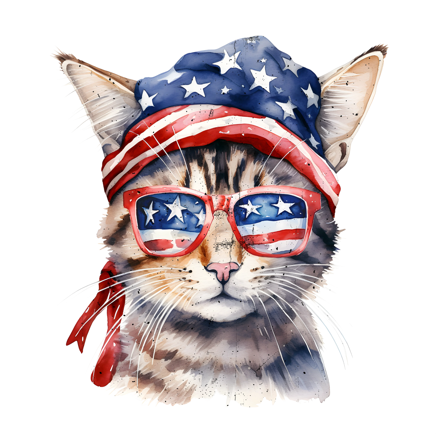 Cat wearing American flag sunglasses and headband on a white background