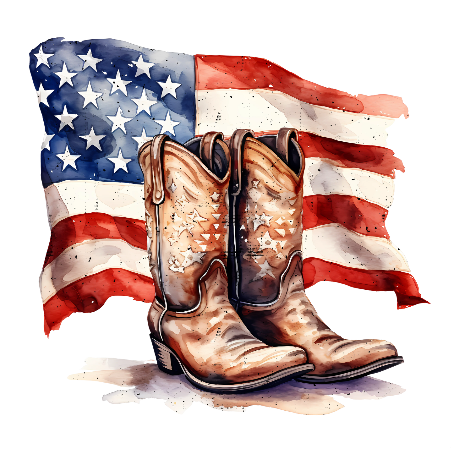A pair of cowboy boots in front of a waving American flag