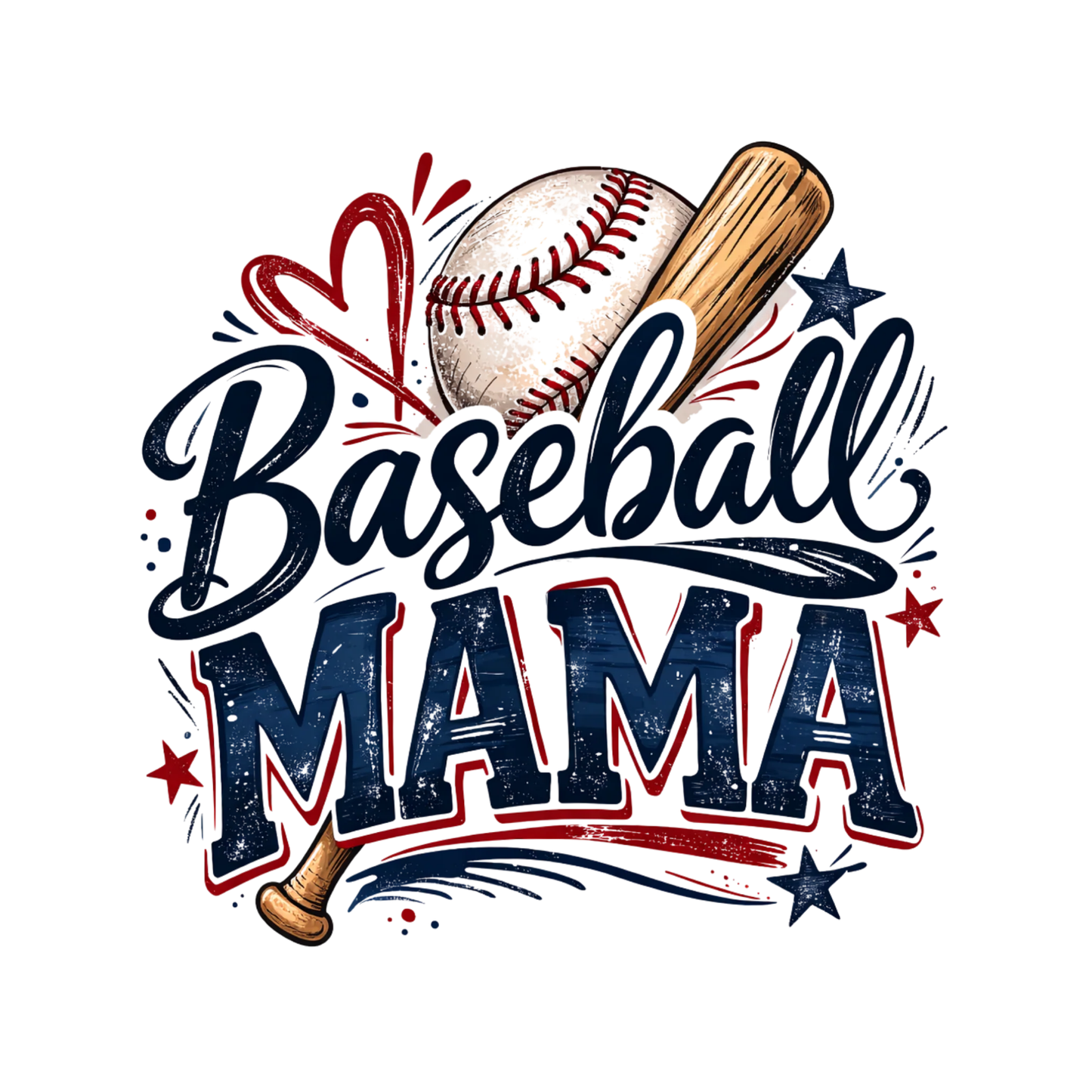 Design with 'Baseball Mama' text featuring a baseball and bat on a white background