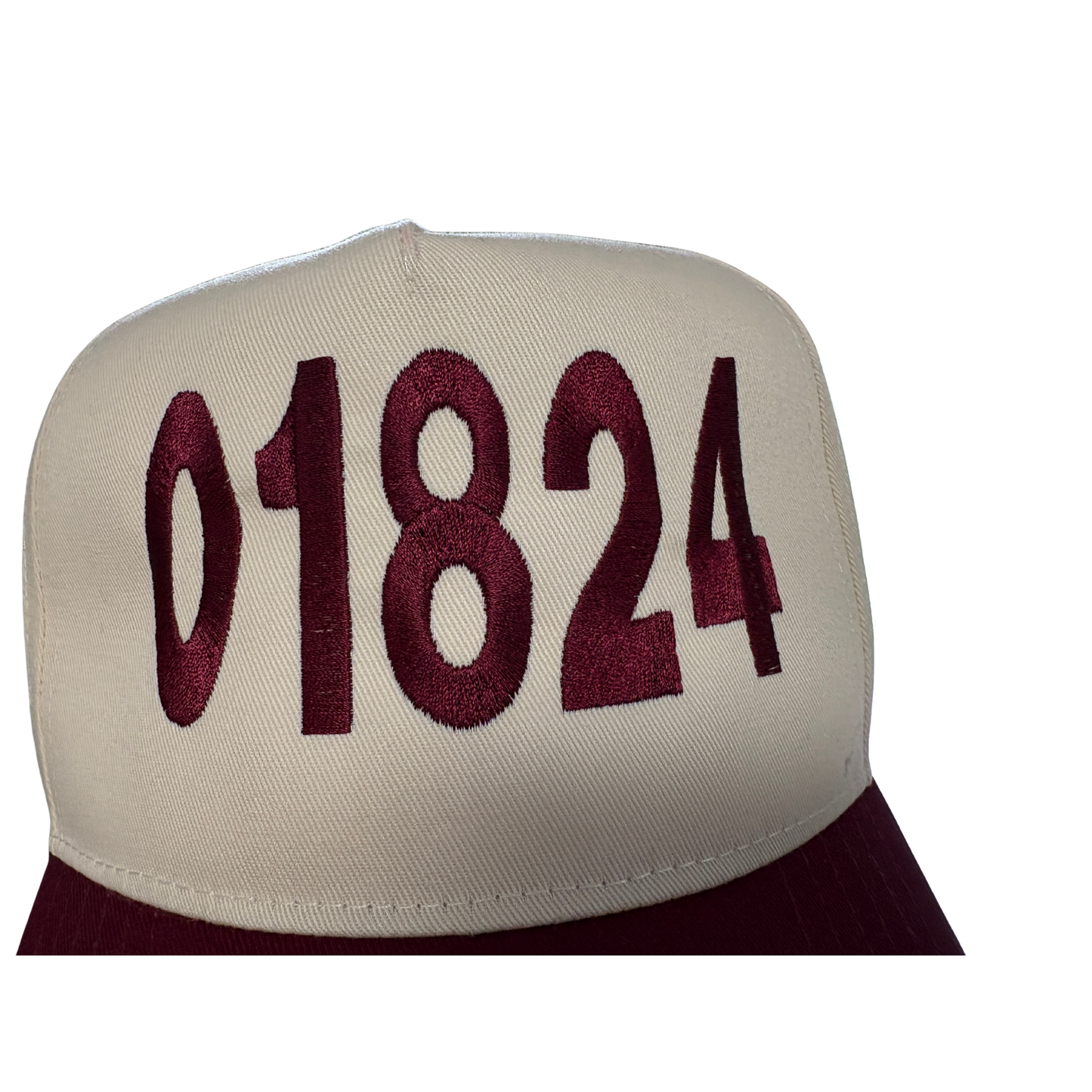Chelmsford MA zip code 01824 in maroon on a natural and maroon hat