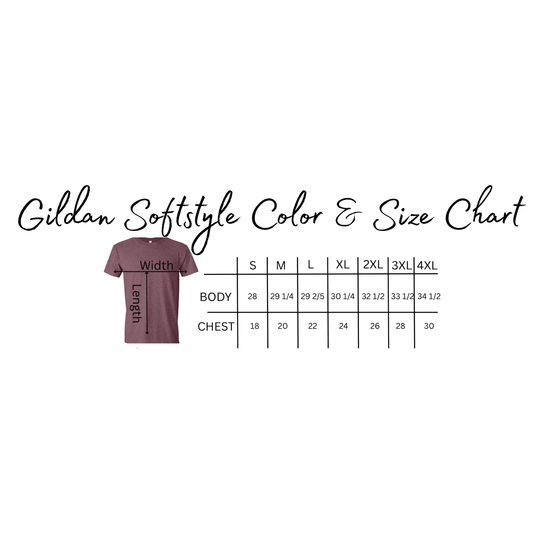 Gildan Softstyle color and size chart with a maroon t-shirt on a white background