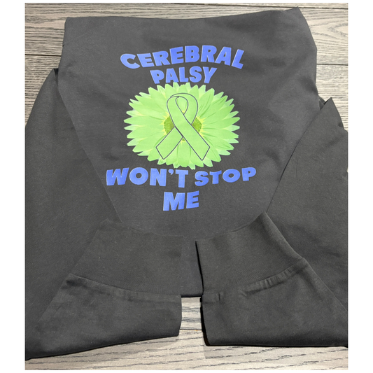 Dark gray shirt with a green ribbon, greee flower, and text saying Cerebral Palsy won't stop me.