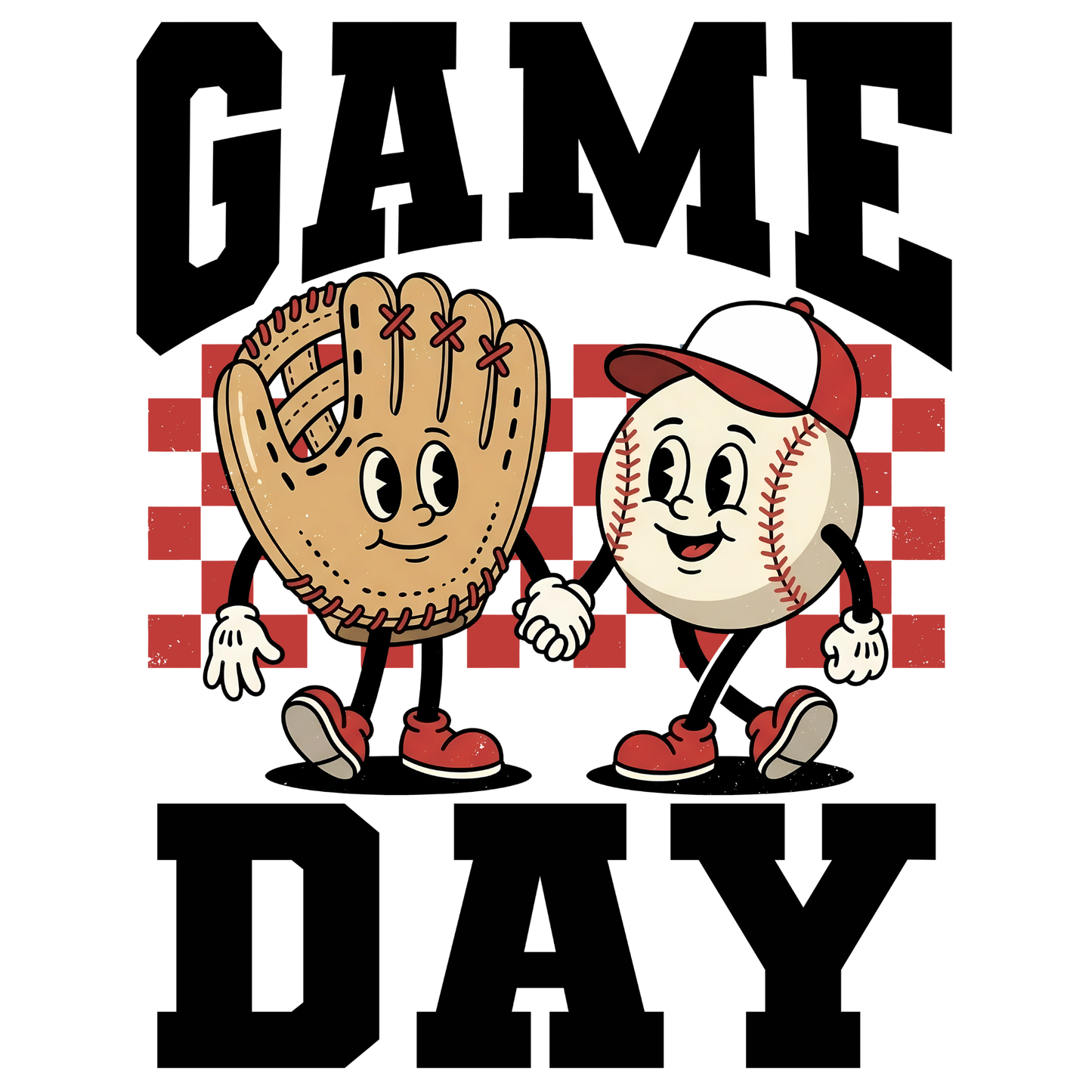 Cartoon baseball and glove with 'Game Day' text on a checkered background