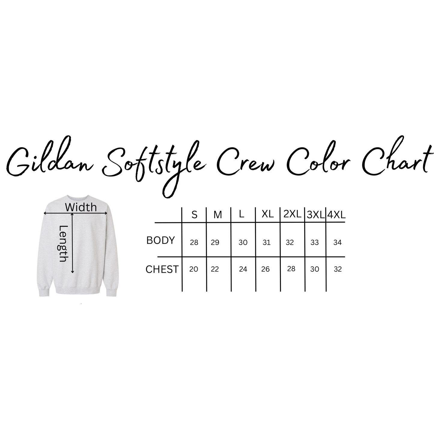 Gildan Softstyle Crew Color Chart with a white sweatshirt illustration and measurement chart.