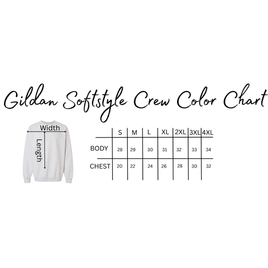 Gildan Softstyle Crew Color Chart with a white sweatshirt illustration and measurement chart.
