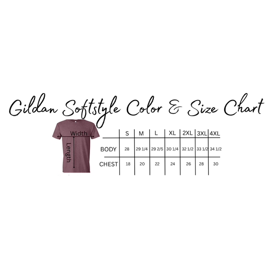 Gildan Softstyle color and size chart with a maroon t-shirt on a white background