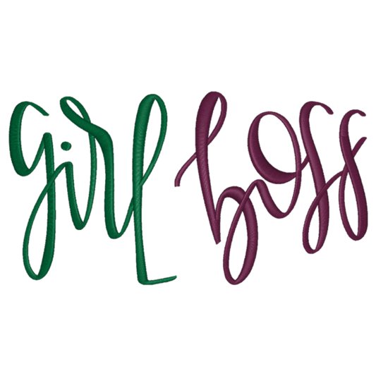 Green and purple embroidered 'girl boss' text on a white background