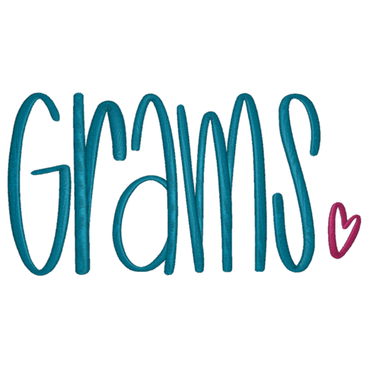 Teal 'GRAMS' text with a pink heart on a white background
