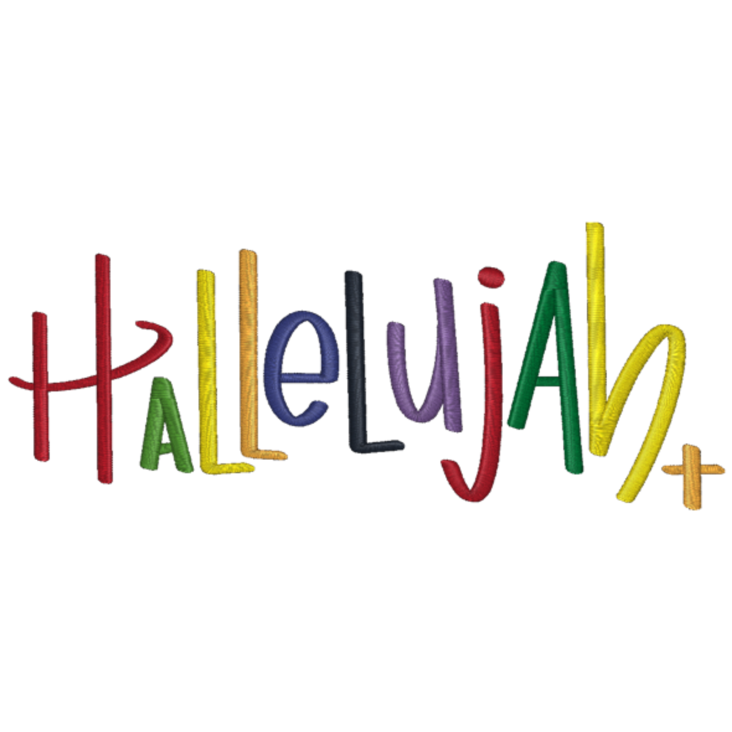 the word hallelujah embroidered in multi colors on a white background with a little cross