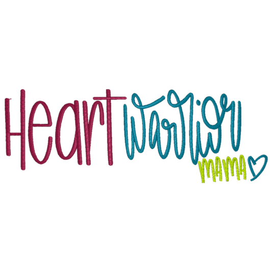 Colorful text 'Heart Warrior Mama' with a heart symbol on a white background