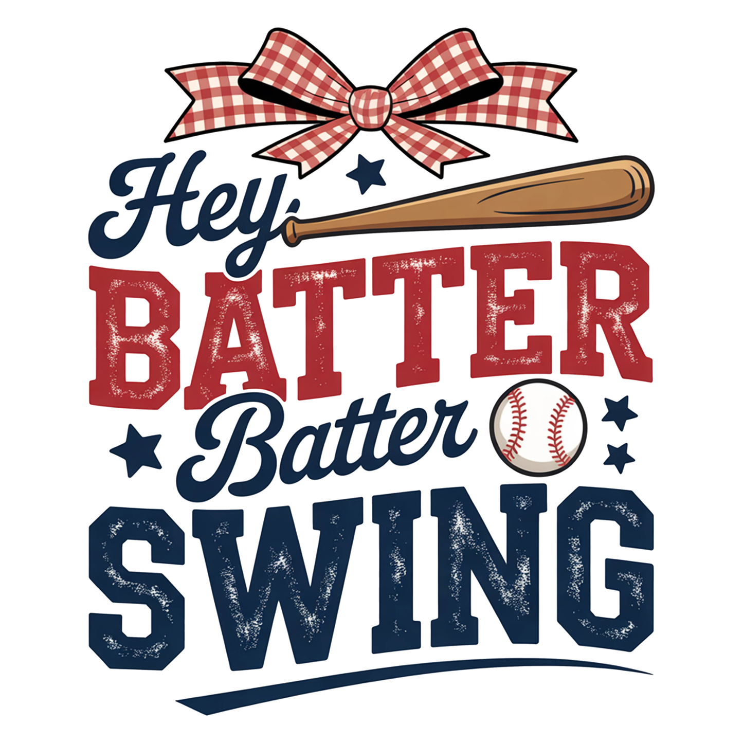 Vintage-style graphic with 'Hey Batter Batter Swing' text, baseball bat, and ball on a white background.