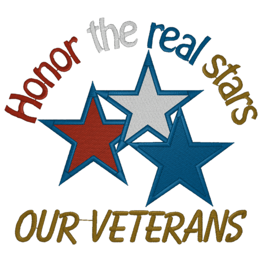 Embroidered Honor the real stars design with 3 stars red, white and blue on a white background