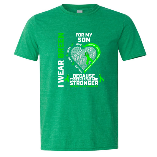 Green t-shirt with a heart design and text on a white background