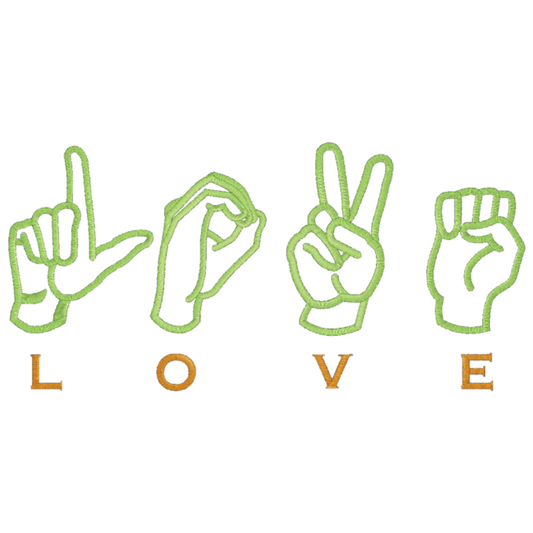 Four hand signs forming the word 'LOVE' with green outlines on a white background.