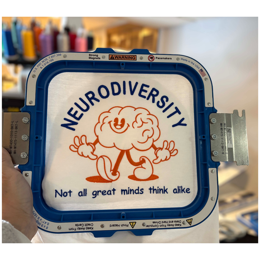 Neurodiversity poster with cartoon brain design and text in a blue hoop frame.
