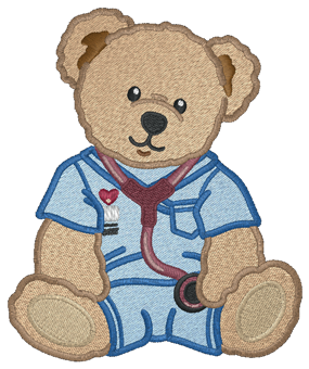 Teddy bear dressed as a doctor with a stethoscope and heart pendant on a white background