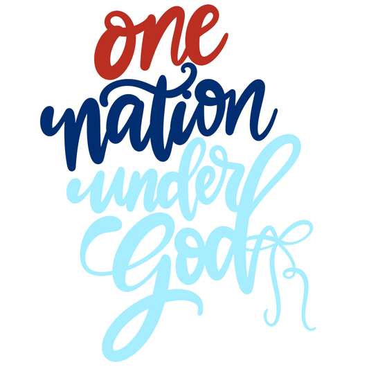 Text 'one nation under God' in red, blue, and light blue on a white background