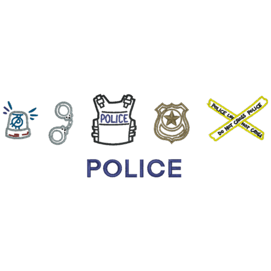 embroidered icons of a siren, handcuffs, vest, shield, ad o not cross tape with the words police