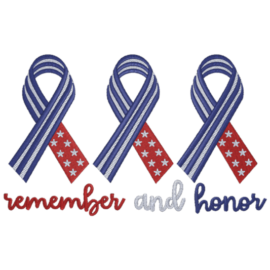 Three ribbons with red, white, and blue stripes and stars, accompanied by the text 'remember and honor' on a white background.