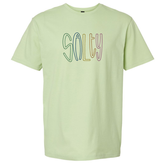 Light green t-shirt with 'Salty' in colorful letters on a white background