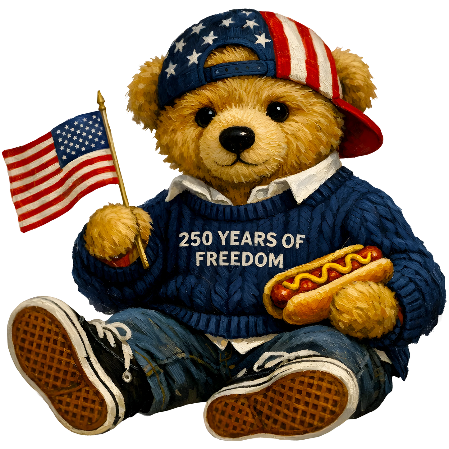 A teddy bear wearing a USA hat and sweater that says 250 years of freedom and holding a flag and hotdog
