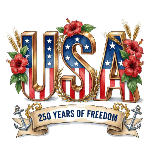 USA letters with American flag design and '250 Years of Freedom' banner on a white background