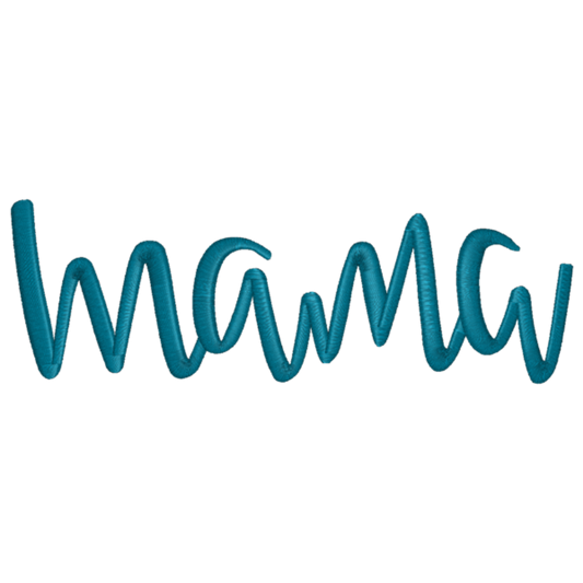 Teal 'mama' text on a white background