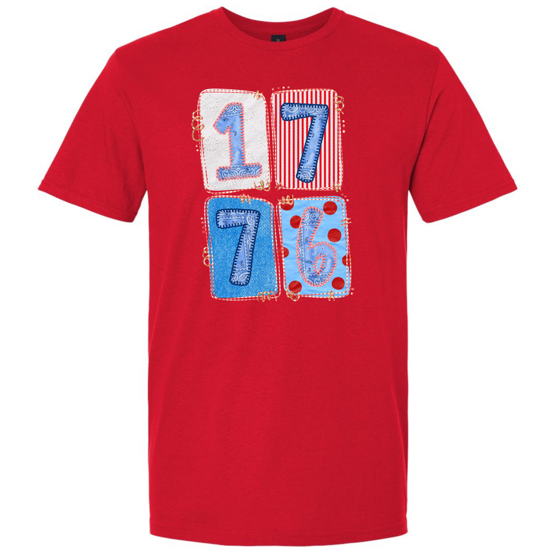 Red t-shirt with blue and white 1776 numbers in patchwork design on a white background