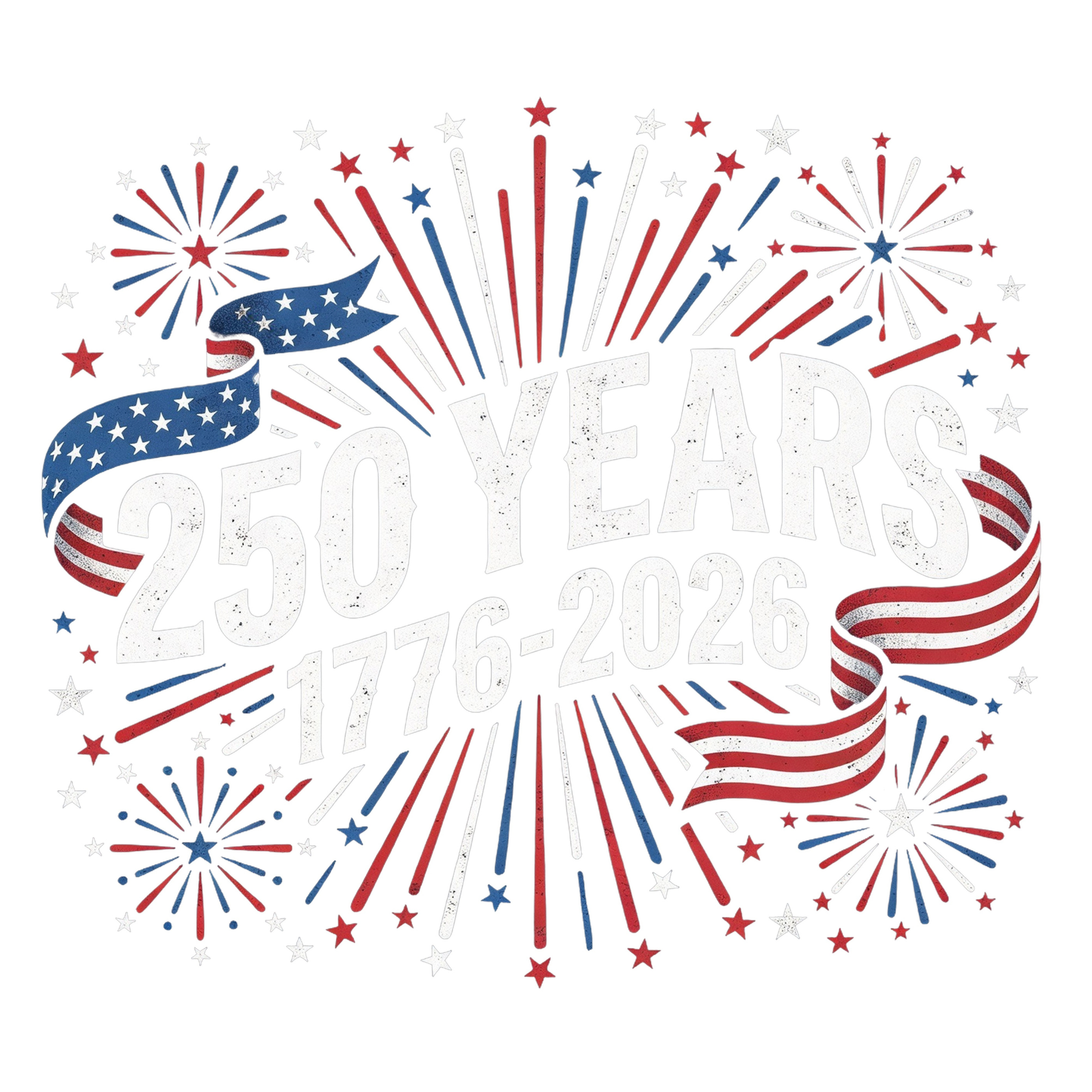 text 250 Years 1776-2026 surrounded by fireworks