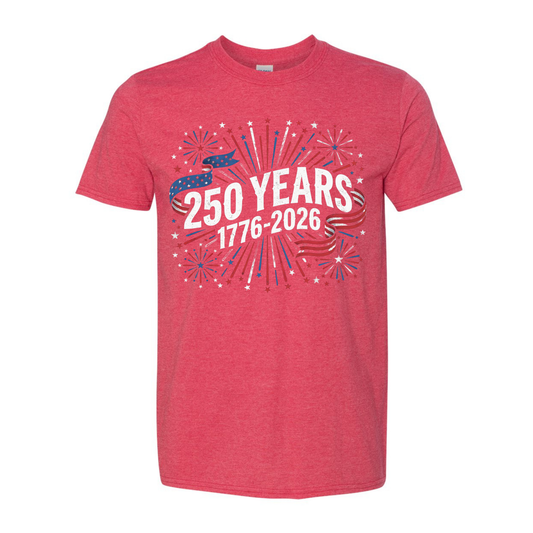 Red t-shirt with '250 Years 1776-2026' text and American flag design on a white background