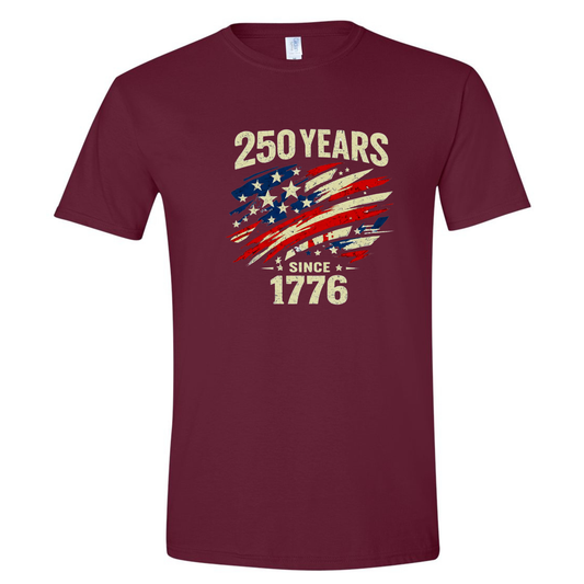 Maroon t-shirt with American flag design and text '250 Years Since 1776' on a white background