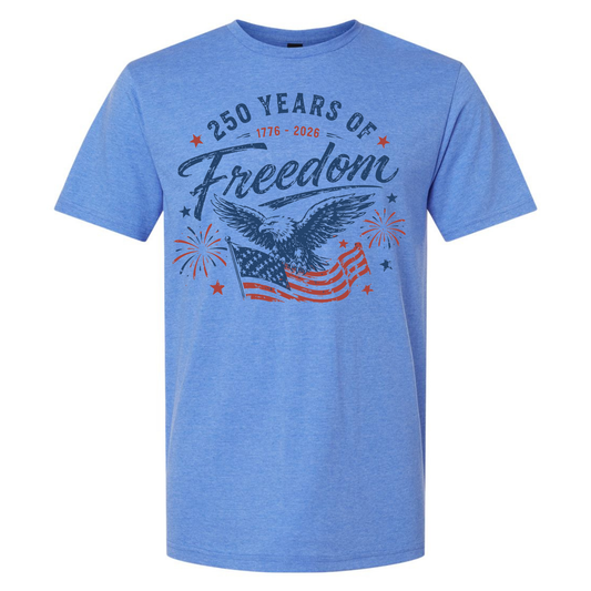 Blue t-shirt with '250 Years of Freedom' design featuring an eagle and American flag on a white background.