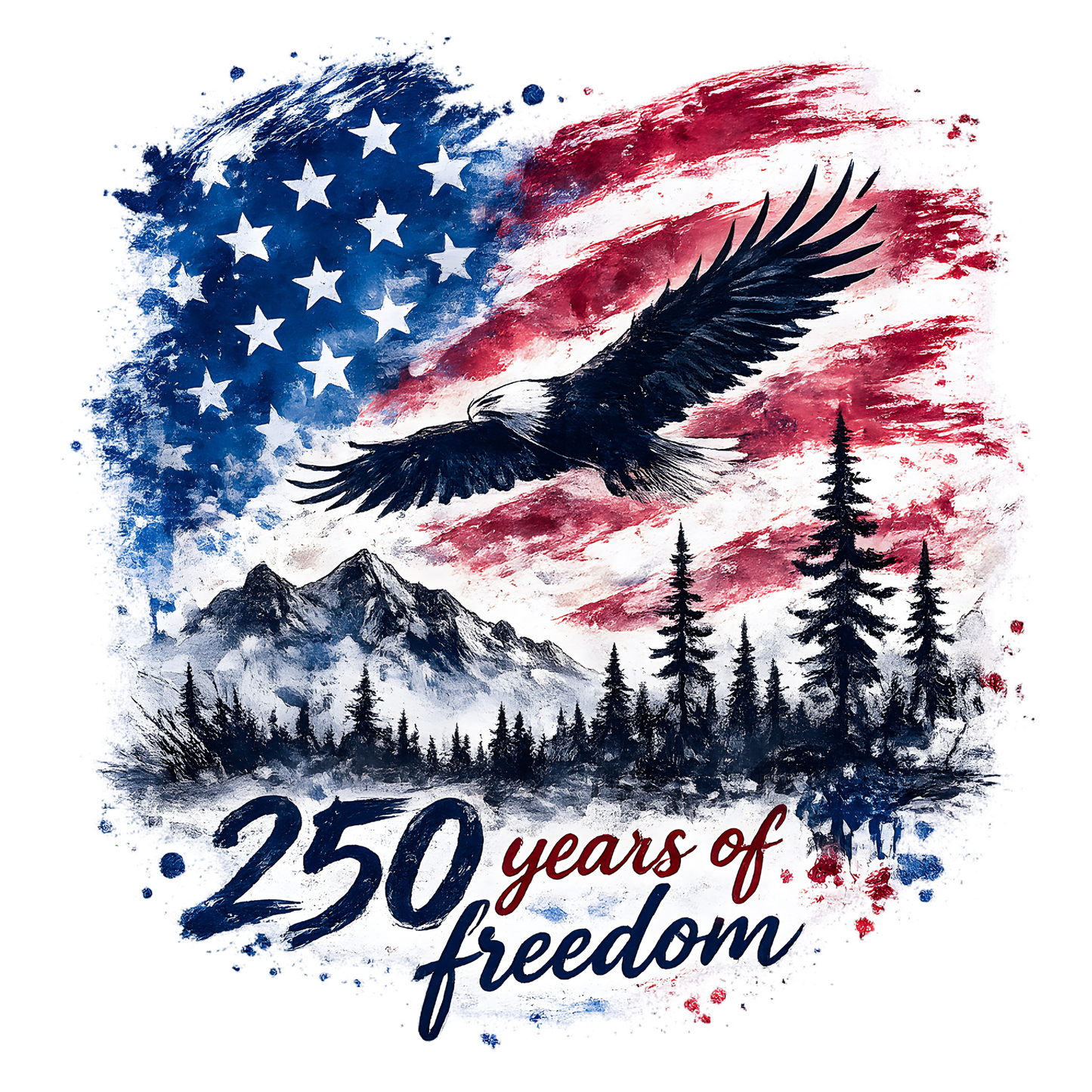 American flag with an eagle, mountains, and trees, celebrating 250 years of freedom.