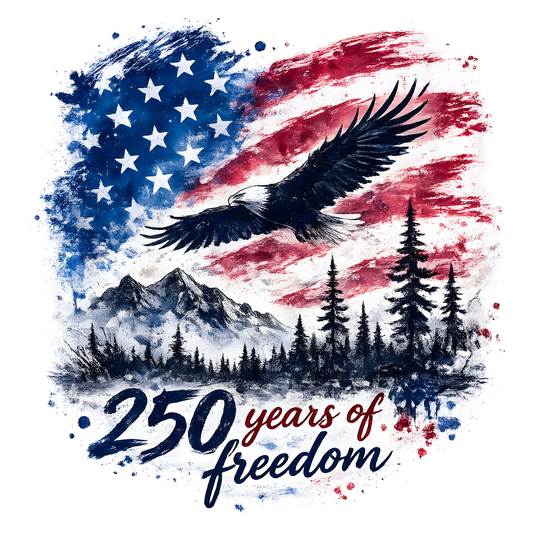 American flag with an eagle, mountains, and trees, celebrating 250 years of freedom.