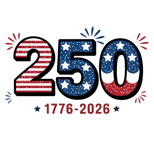 250 years 1776-2026 text in red white and blue with the USA flag inside 250