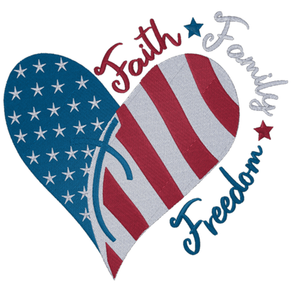 Heart-shaped design with American flag pattern and 'Faith Family Freedom' text on a white background