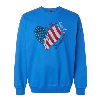 Blue sweatshirt with an American flag heart design on a white background