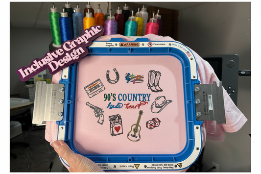 Embroidery hoop with 90s country-themed designs on a pink fabric, surrounded by embroidery threads.
