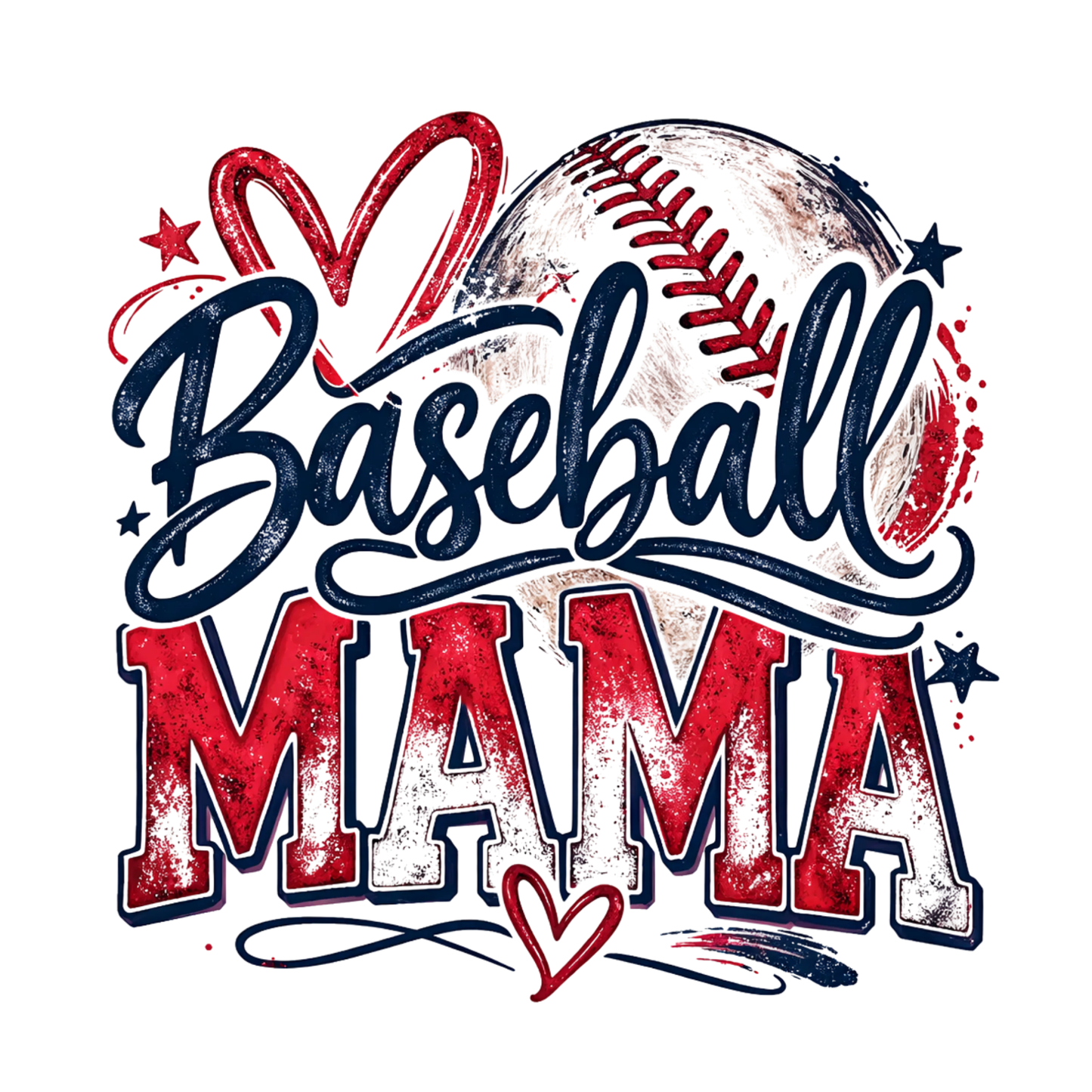 Design with 'Baseball Mama' text featuring a baseball and hearts on a white background