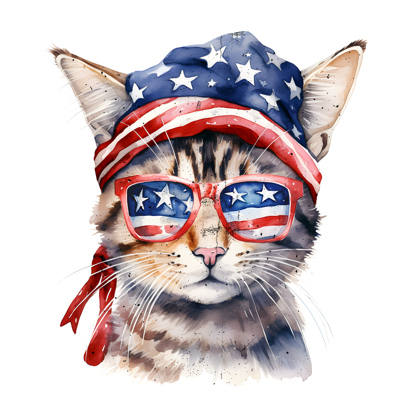 Cat wearing American flag sunglasses and headband on a white background