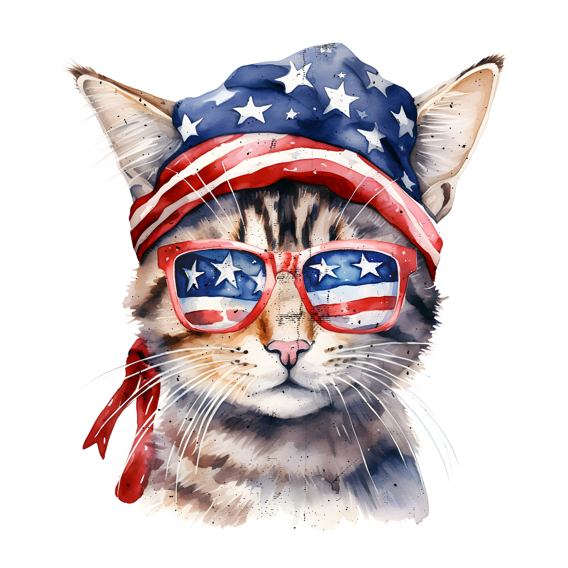 Cat wearing American flag sunglasses and headband on a white background