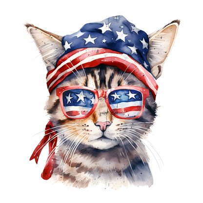 Cat wearing American flag sunglasses and headband on a white background