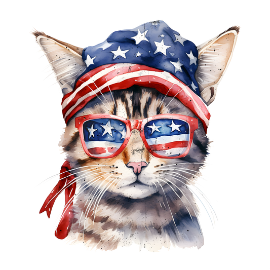 Cat wearing American flag sunglasses and headband on a white background