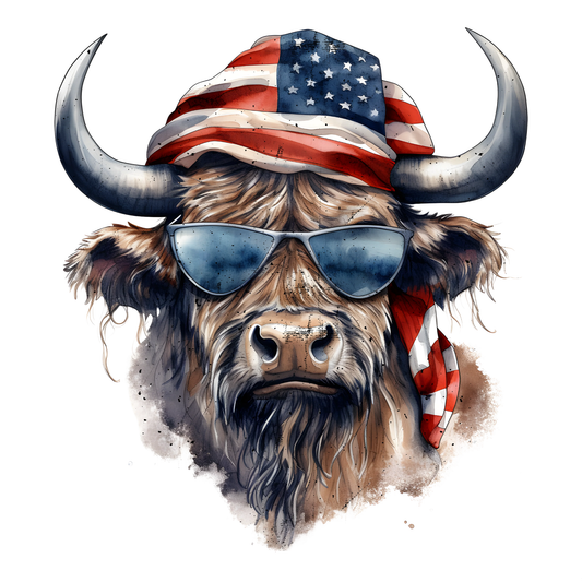 A Yak wearing an American Flag bandana and sunglasses
