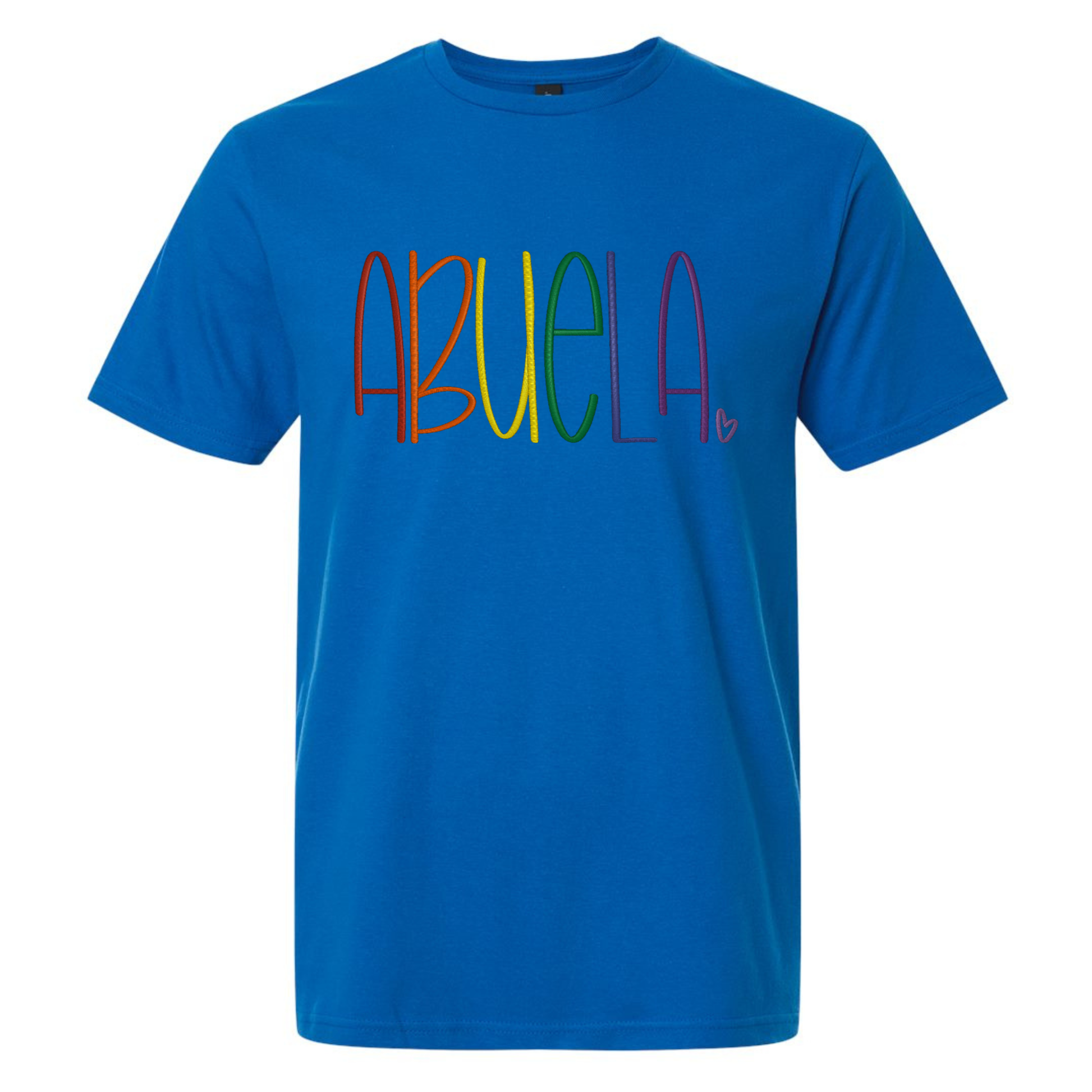 Blue t-shirt with 'ABUELA' in colorful letters on a white background