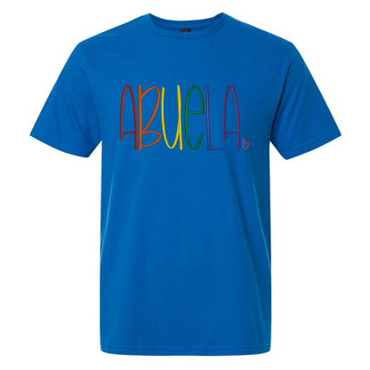 Blue t-shirt with 'ABUELA' in colorful letters on a white background