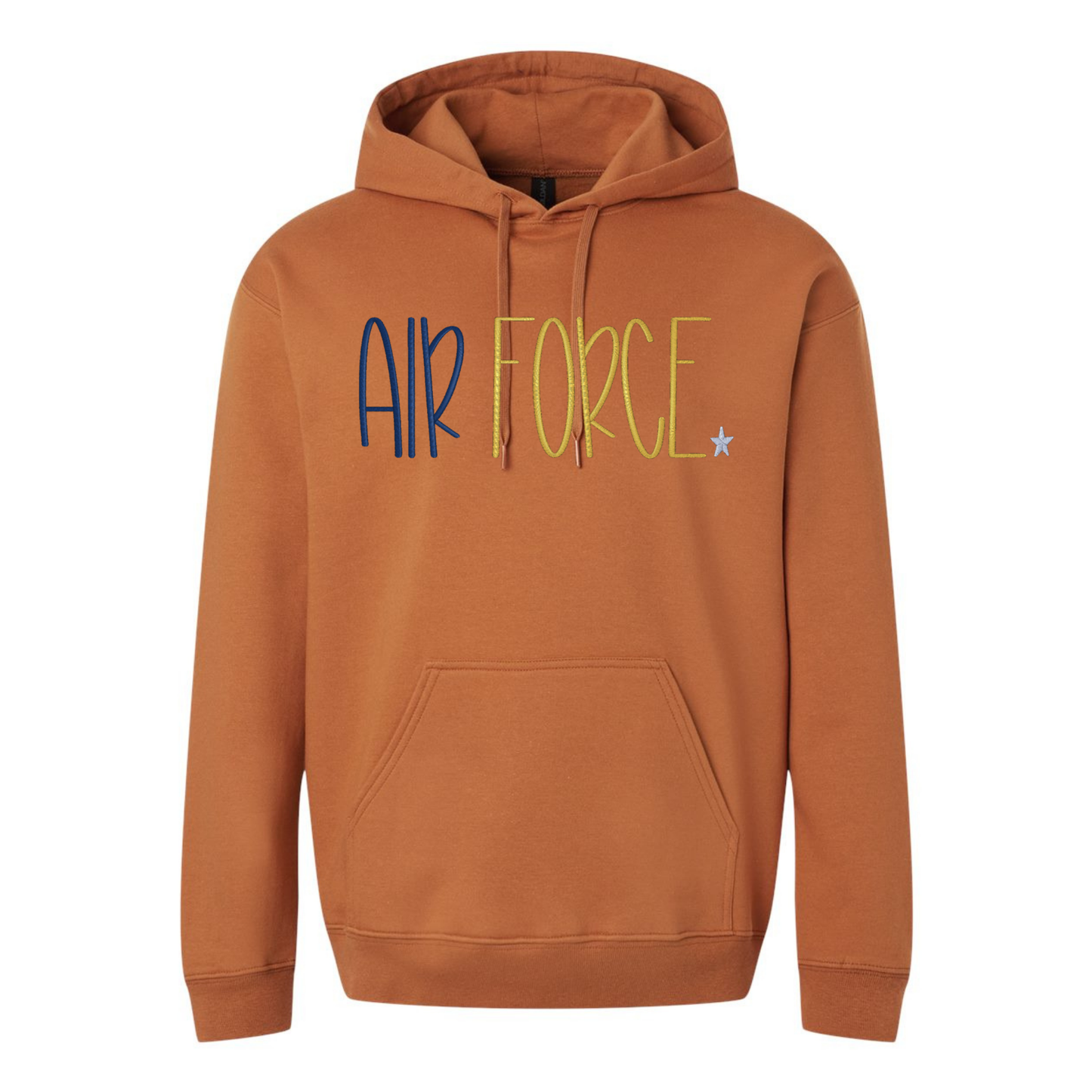 Brown hoodie with 'AIR FORCE' text on a white background