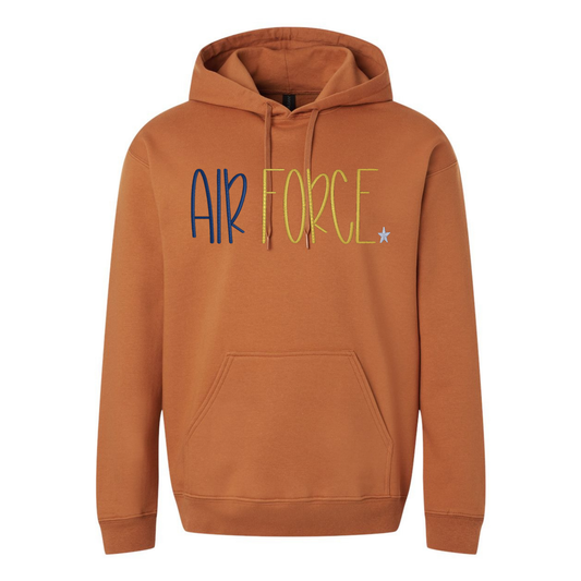 Brown hoodie with 'AIR FORCE' text on a white background